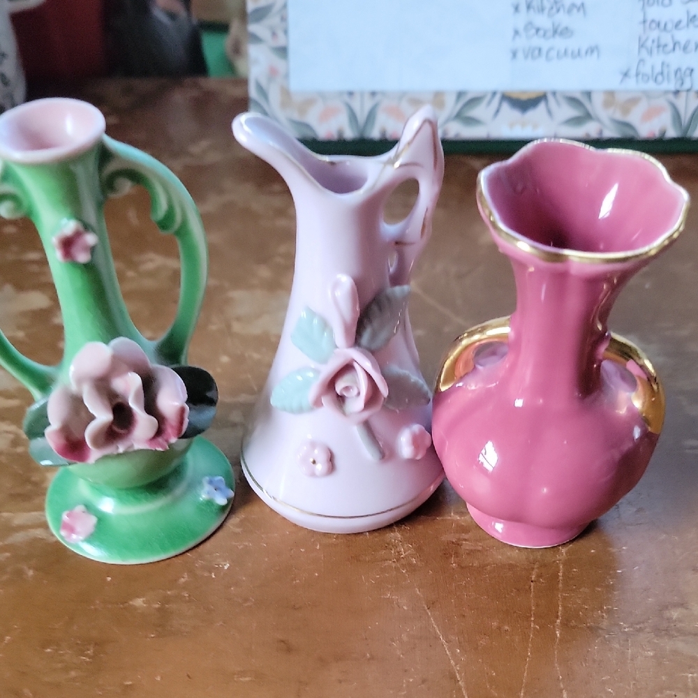 Floral Ceramic Vase Set - Green, Pink, and Gold